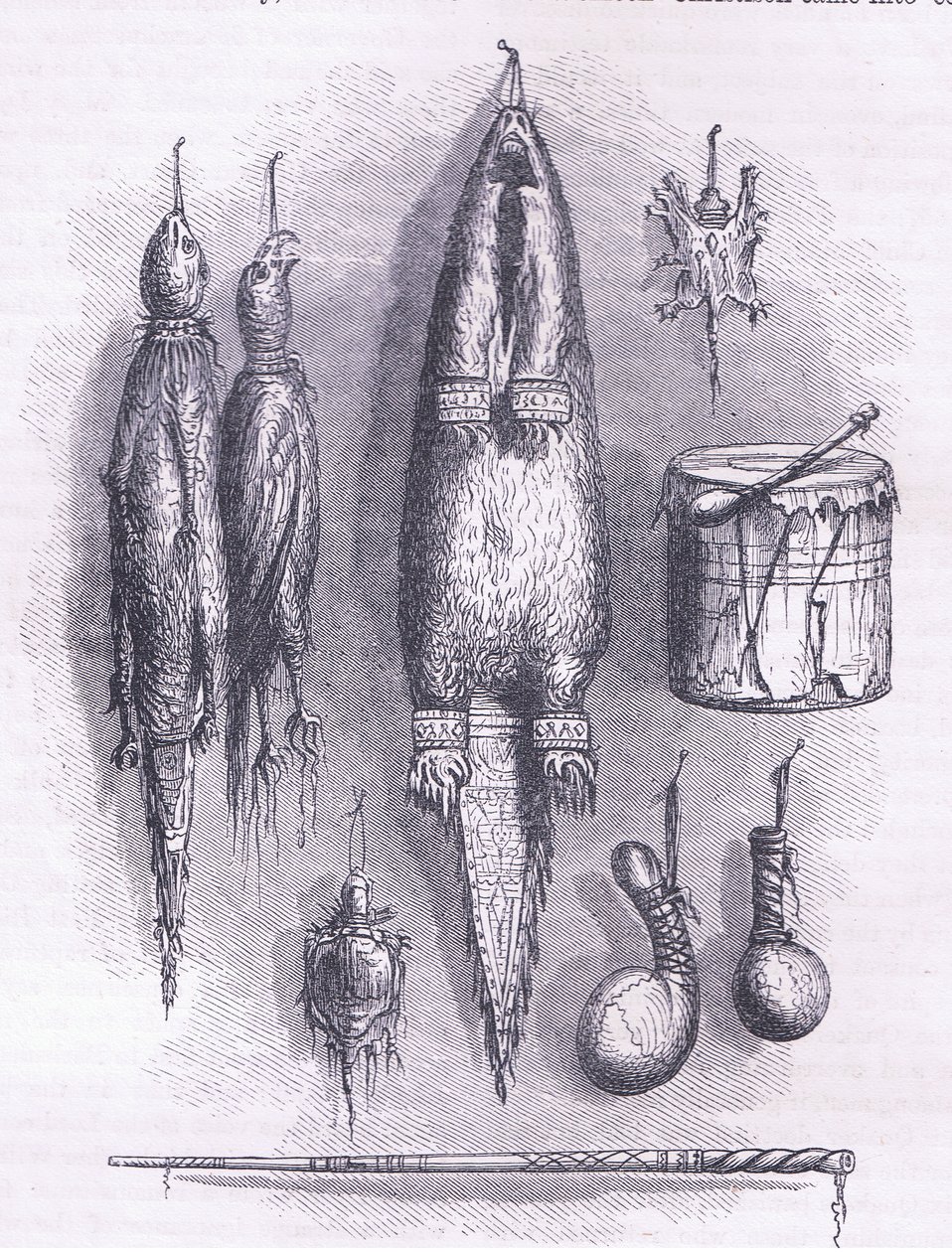 Bolsa de medicina india, silbato misterioso, batallas y tambor 1661, ilustración de la Historia de los Estados Unidos de Cassell, pub. por Petter & Galpin c.1890 de American School