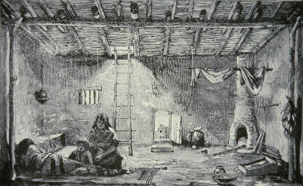 Interior de una casa Pueblo, c.1880 (grabado) de American School