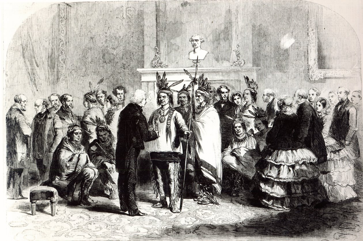 James Buchanan, Presidente de los Estados Unidos, induciendo a las tribus hostiles de los Pawnees y los Poncas a darse la mano, 1858 de American School