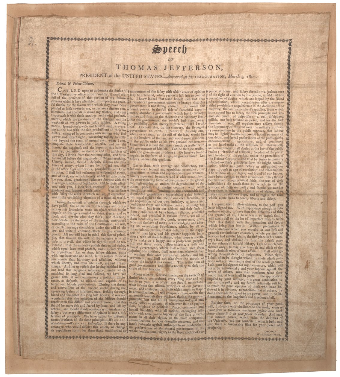 Primer discurso inaugural de Jefferson, impreso por Pechin, Baltimore, 4 de marzo de 1801 de American School