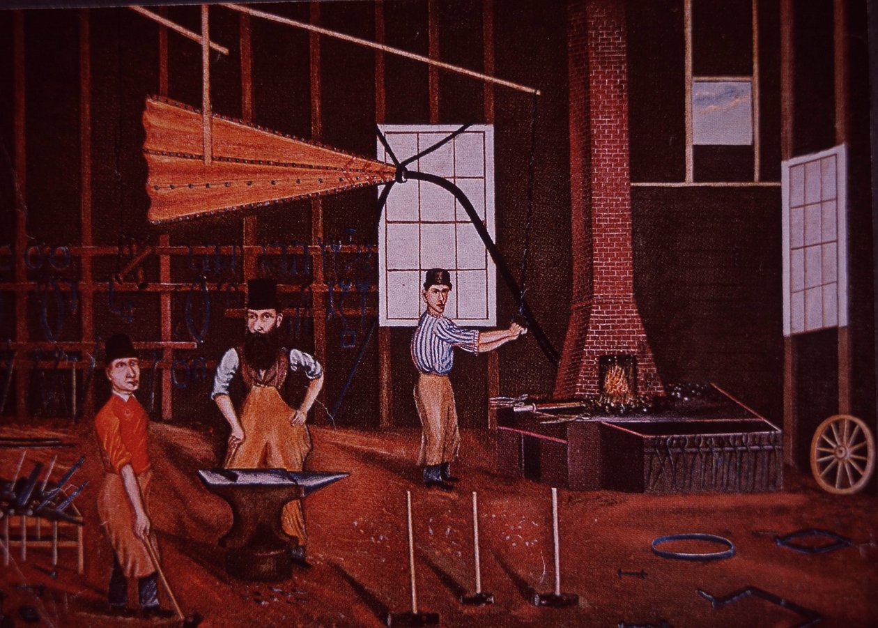 John Mohler Studebaker (centro), fabricante de carros germano-estadounidense en taller, c.1858 de American School