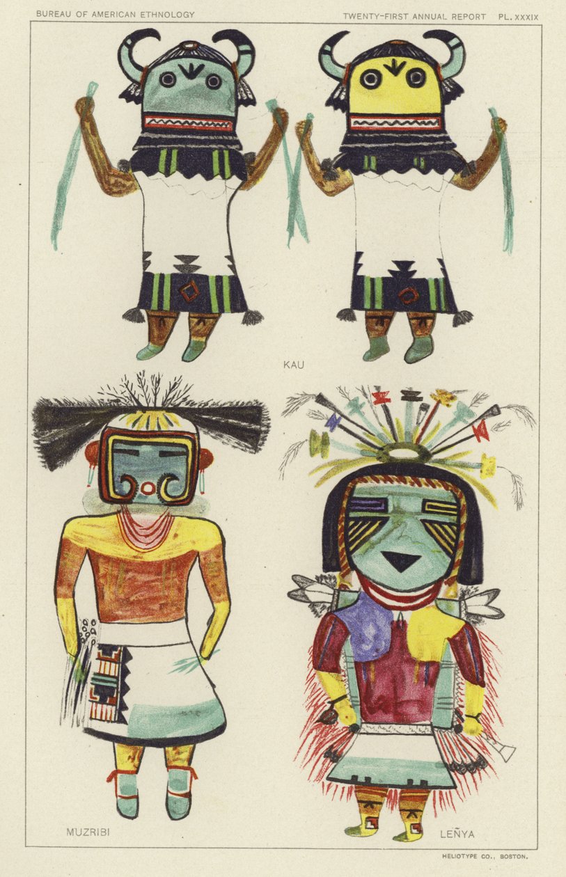 Kau, Muzribi, Lenya (litografía en color) de American School