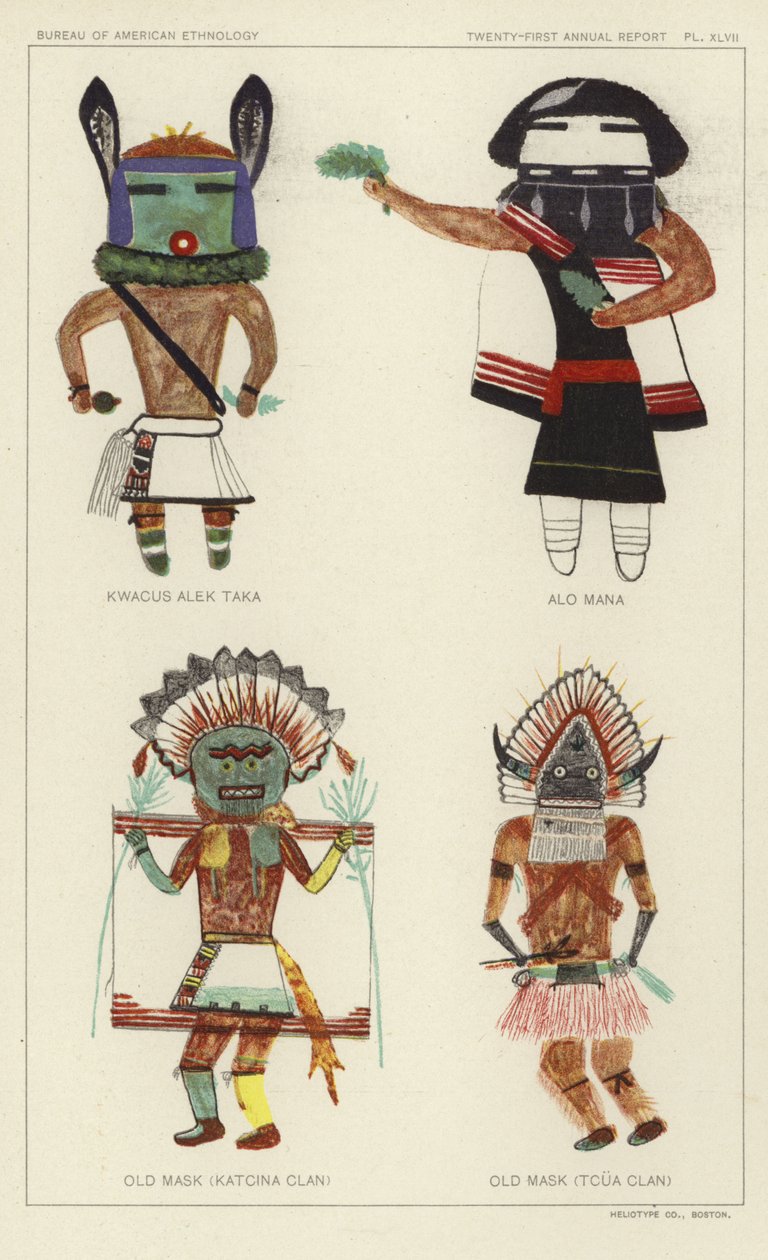 Kwacus Alek Taka, Alo Mana, Máscara antigua (Clan Katcina), Máscara antigua (Clan Tcua) (litografía en color) de American School