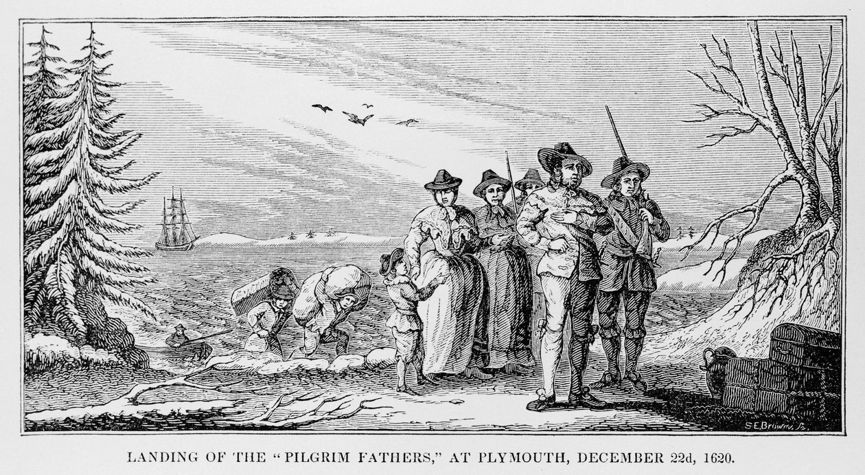 Desembarco de los Padres Peregrinos en Plymouth en Cape Cod, Massachusetts, 22 de diciembre de 1620, impreso en History and Antiquity of New England, New York... 1842 de American School
