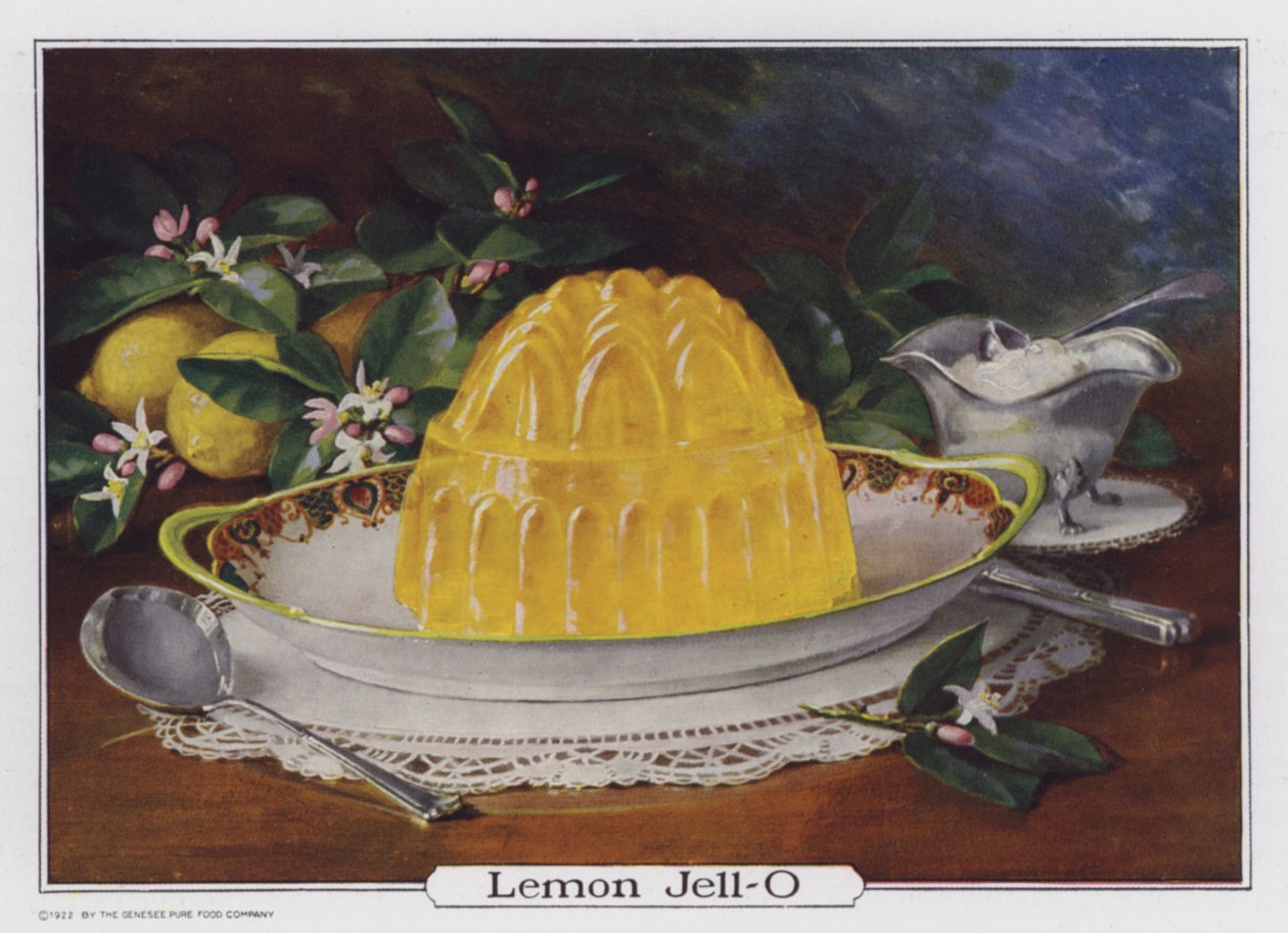 Lemon Jell-O, anuncio producido para Genesee Pure Food Company, Le Roy, Nueva York, EE.UU. (litografía en color) de American School