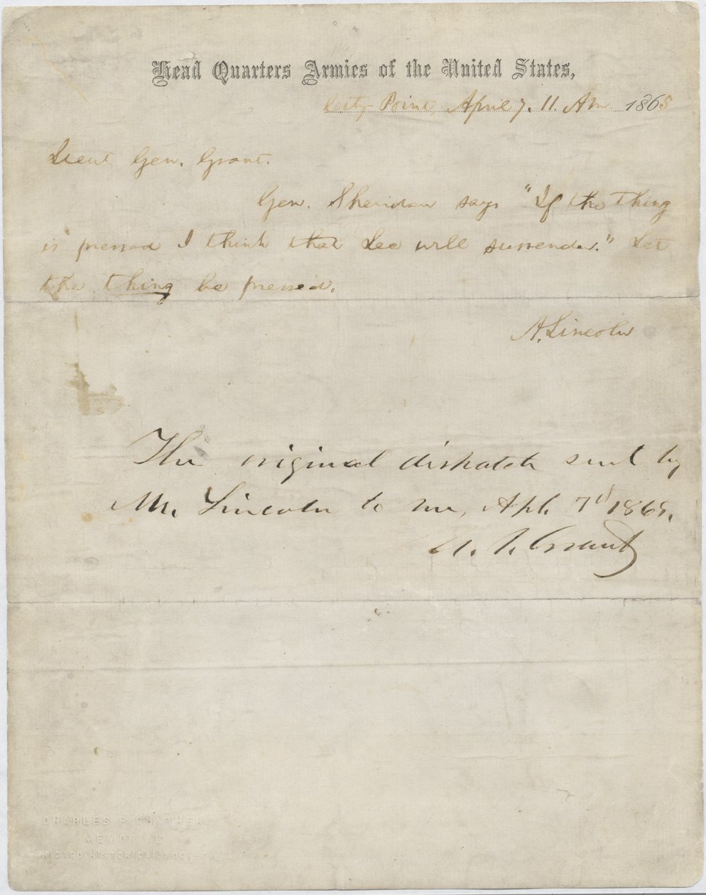 Carta de Abraham Lincoln al General Ulysses S. Grant, 7 de abril de 1865 de American School