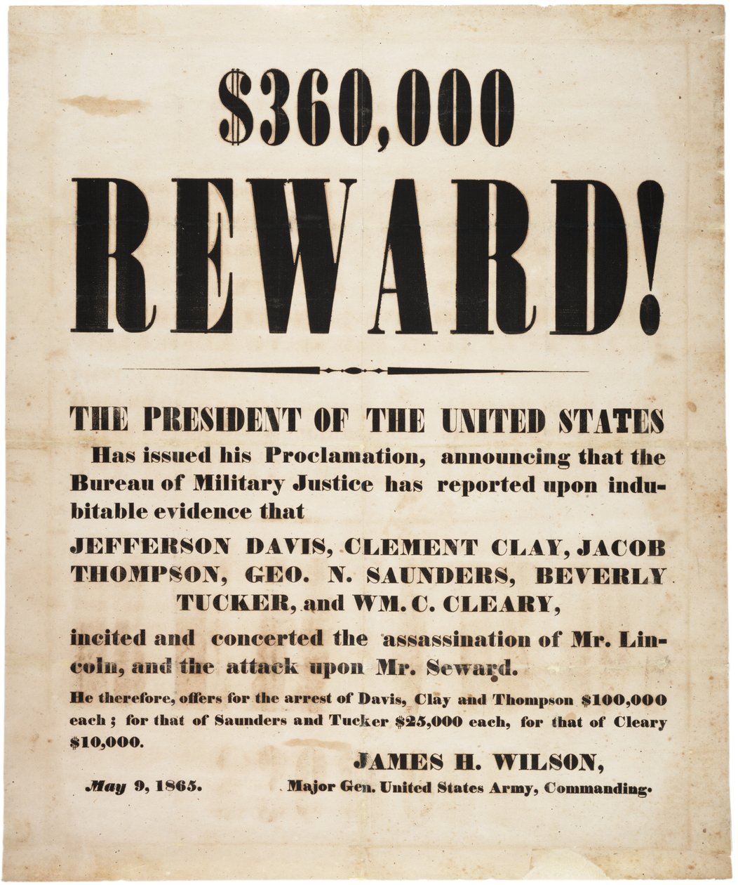 Recompensa por el asesinato de Lincoln, 9 de mayo de 1865 de American School