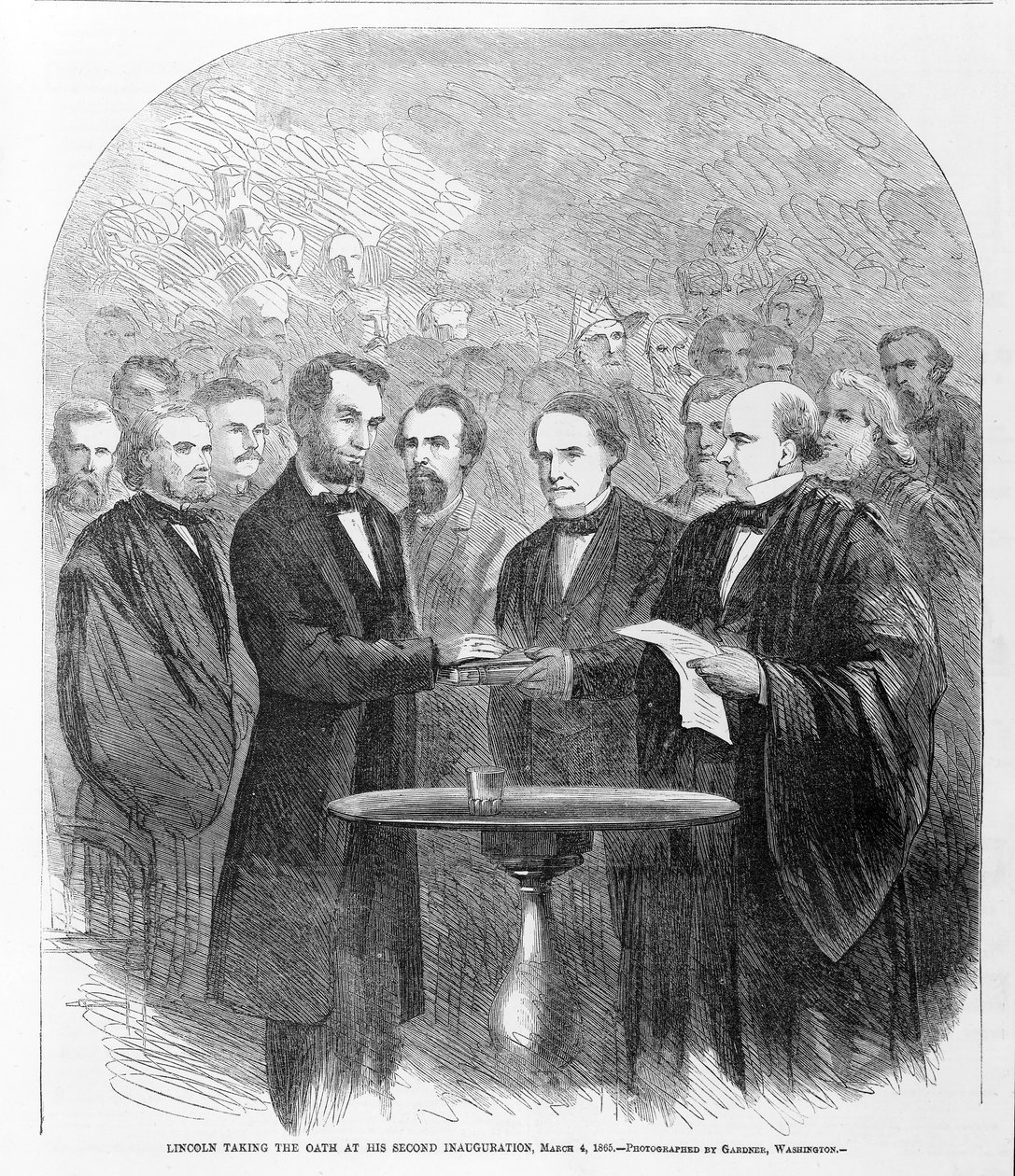 Lincoln tomando el juramento en su segunda inauguración, 4 de marzo de 1865, publicado en 1865 de American School