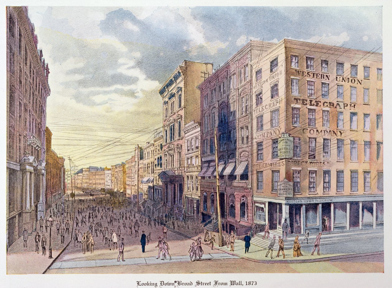 Vista de Broad Street desde Wall en 1873, ilustración de Old New York, ayer y hoy de Henry Collins Brown, 1922 de American School