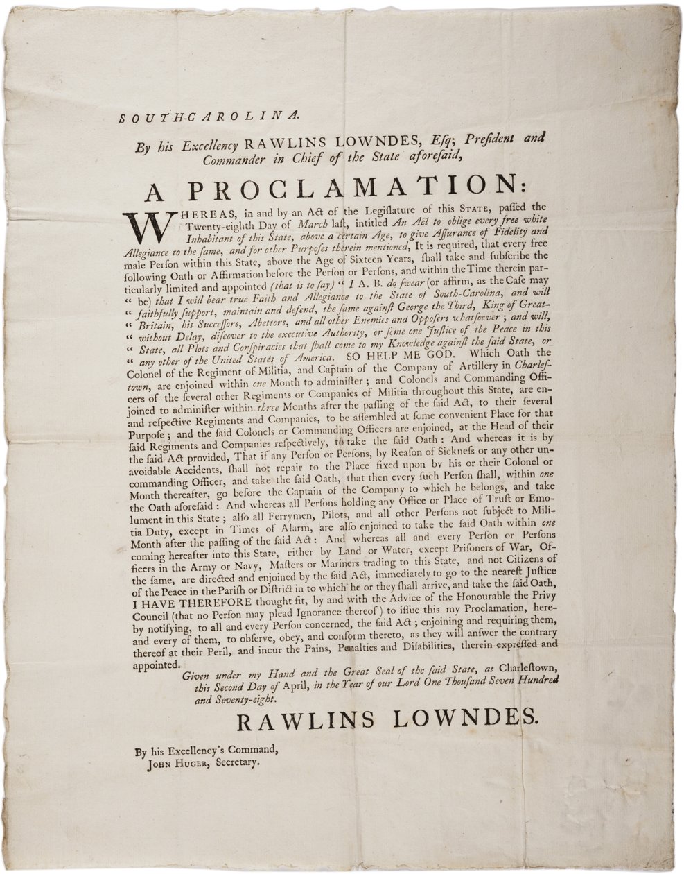 Juramento de lealtad para proteger la independencia de Carolina del Sur, 2 de abril de 1778 de American School