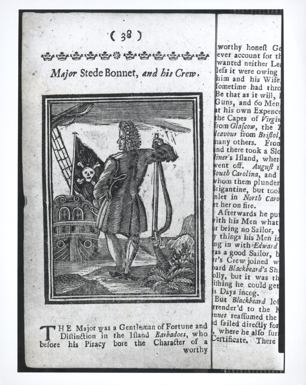 Mayor Stepe Bonnet, página 38 de Historias y vidas de todos los piratas más notorios y sus tripulaciones, Londres, 1725 de American School