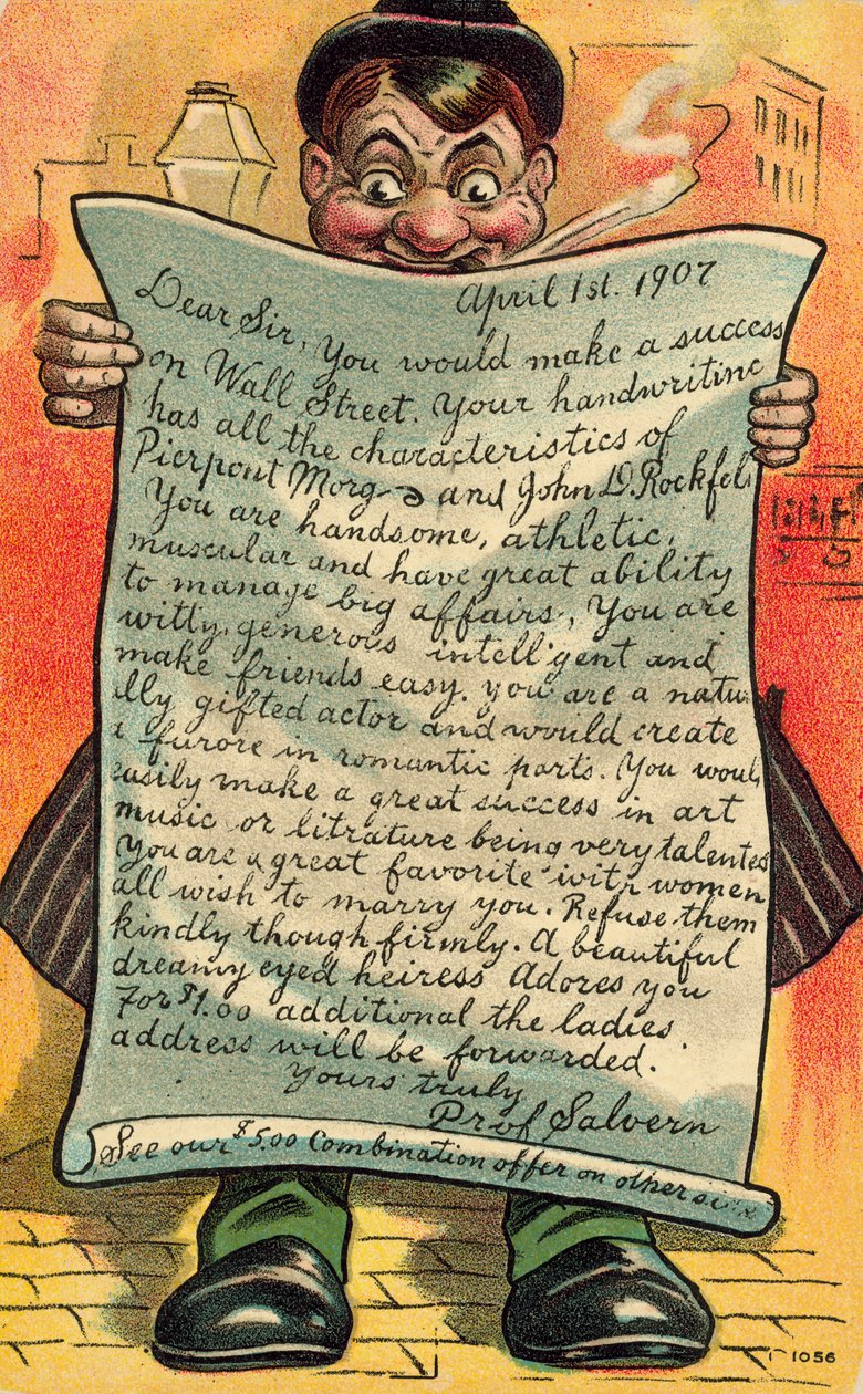 Hombre leyendo una carta halagadora sobre sus perspectivas profesionales (litografía en color) de American School