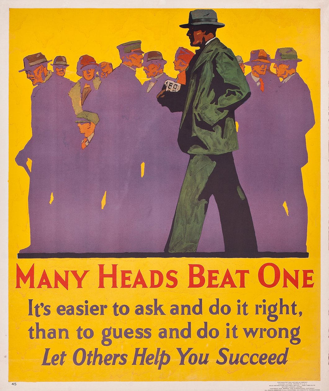 Muchas cabezas vencen a una; un póster de incentivo laboral de 1929 de American School