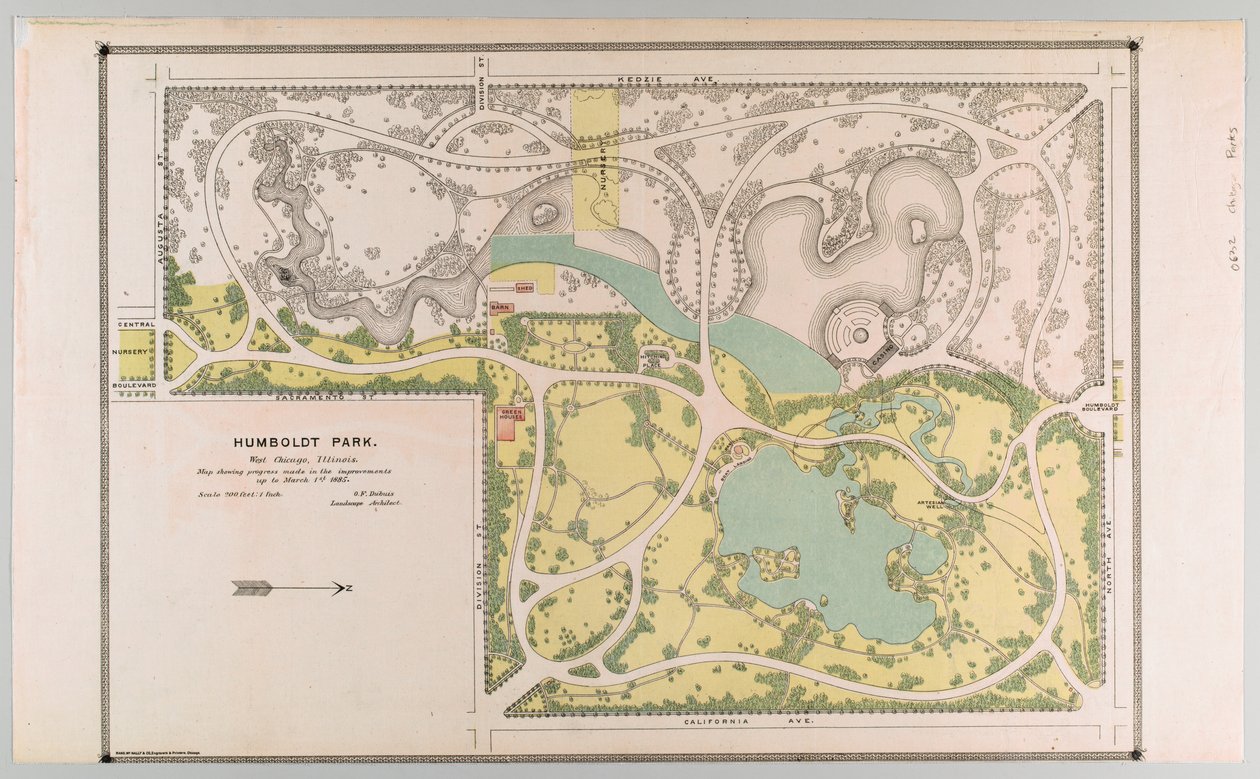 Mapa del Parque Humboldt que muestra mejoras del parque, Chicago, Illinois de American School