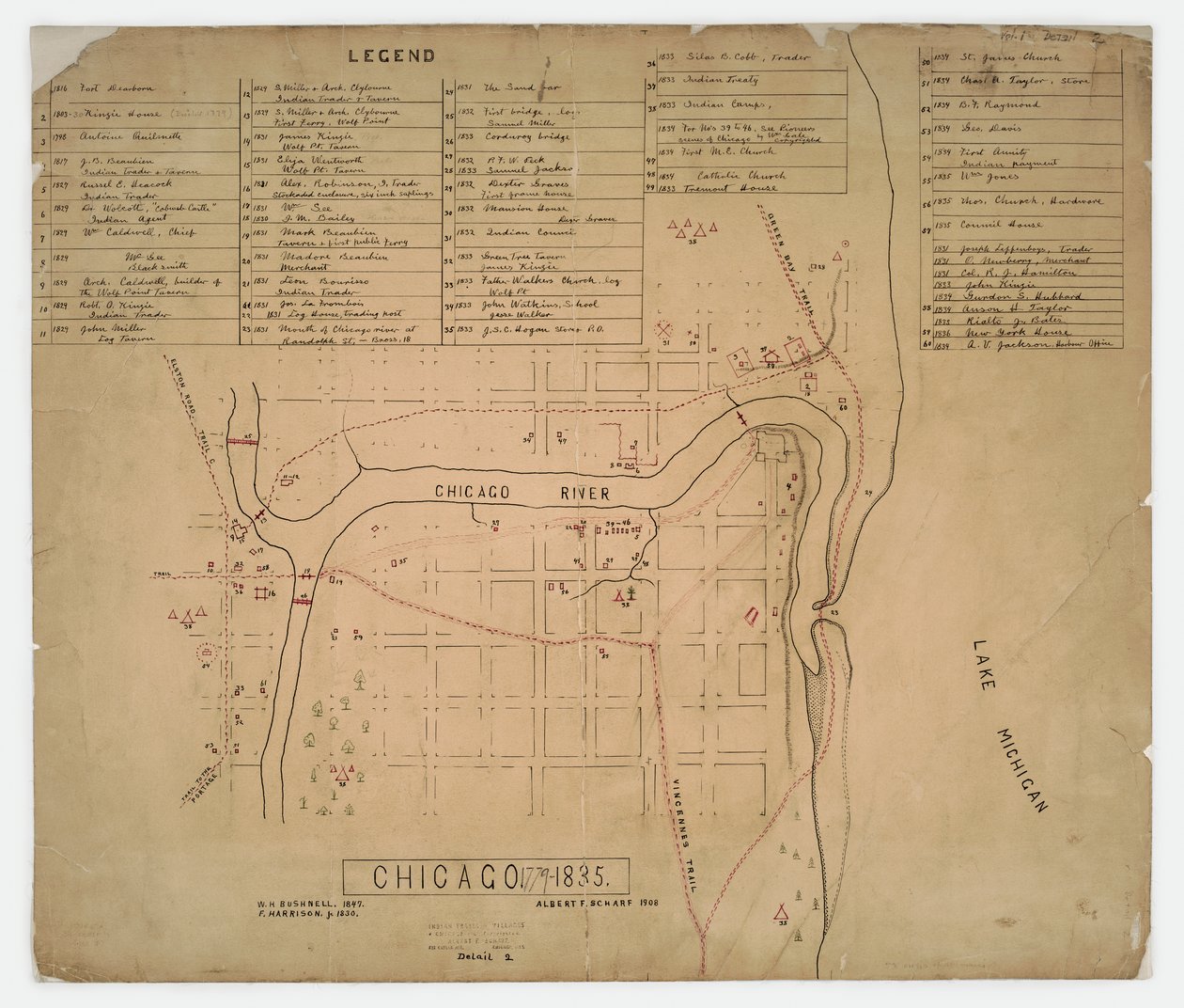 Mapa de casas y sitios históricos en Chicago, Illinois, c.1835 de American School