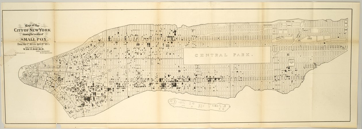 Mapa de la ciudad de Nueva York que muestra la ubicación de la viruela, del 1 de mayo de 1874 al 30 de abril de 1875 de American School