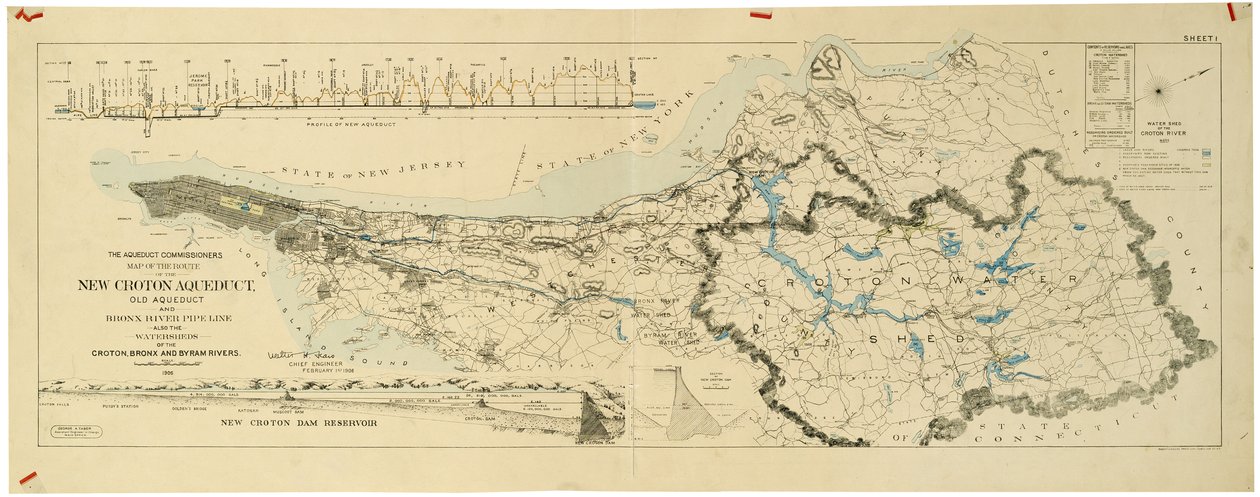 Mapa del nuevo acueducto de Croton, antiguo acueducto y tubería del río Bronx, también las cuencas hidrográficas de Croton y Bronx de American School