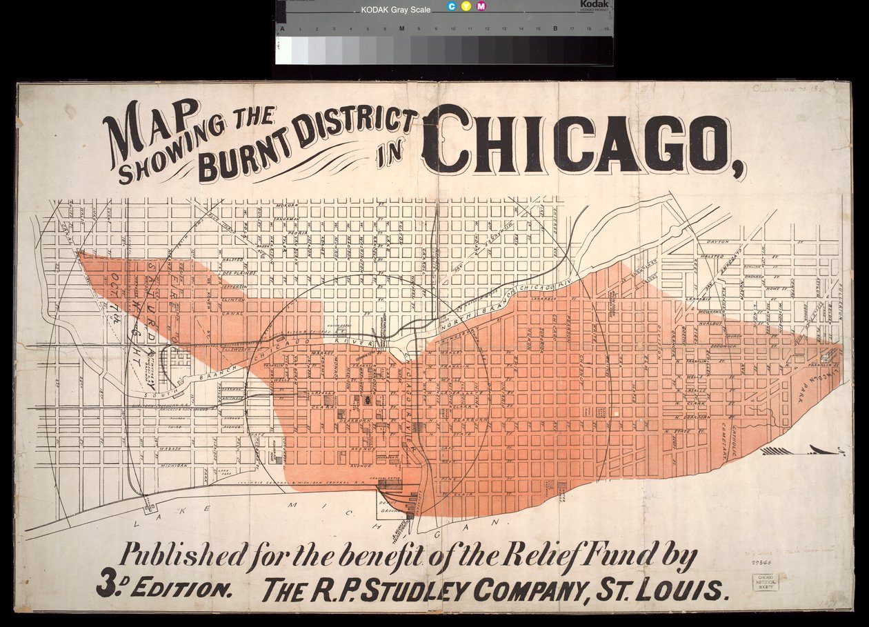 Mapa que muestra el distrito quemado en Chicago, c.1872 de American School