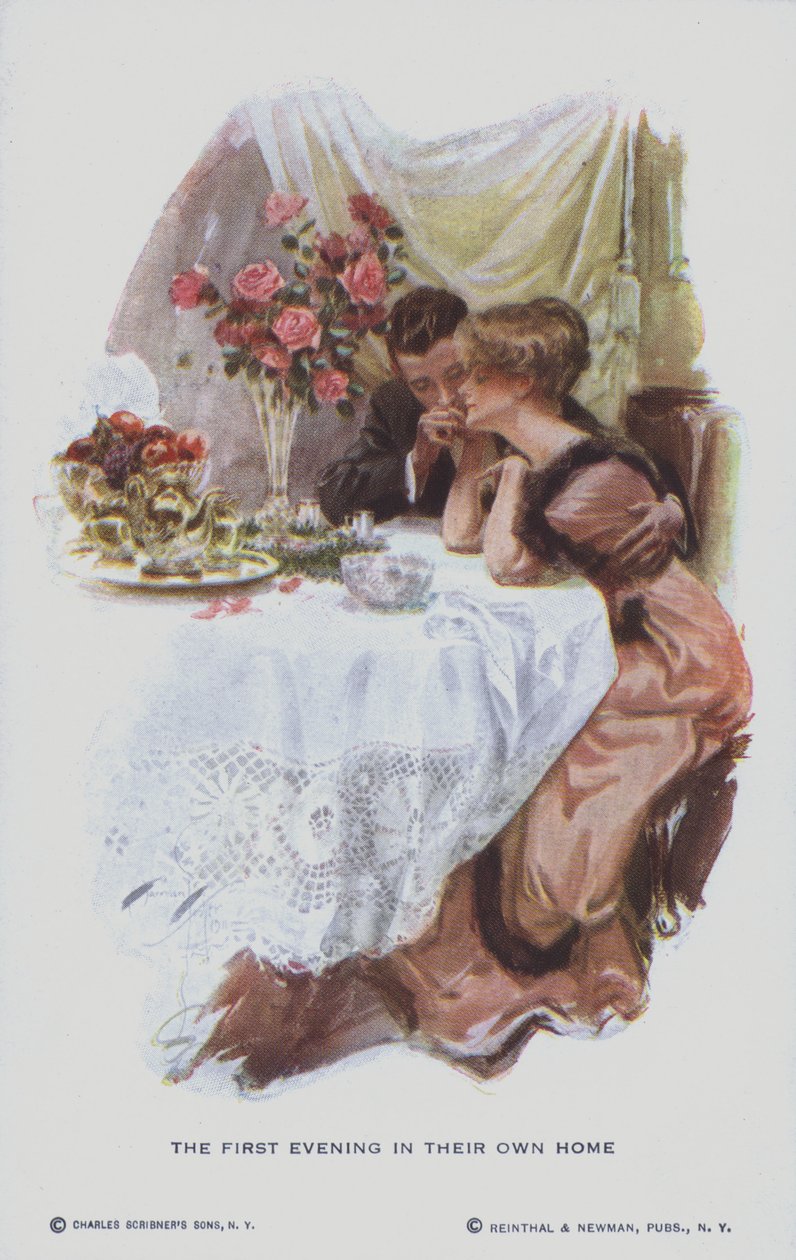 Matrimonio disfrutando de la primera noche en su nuevo hogar (litografía en color) de American School