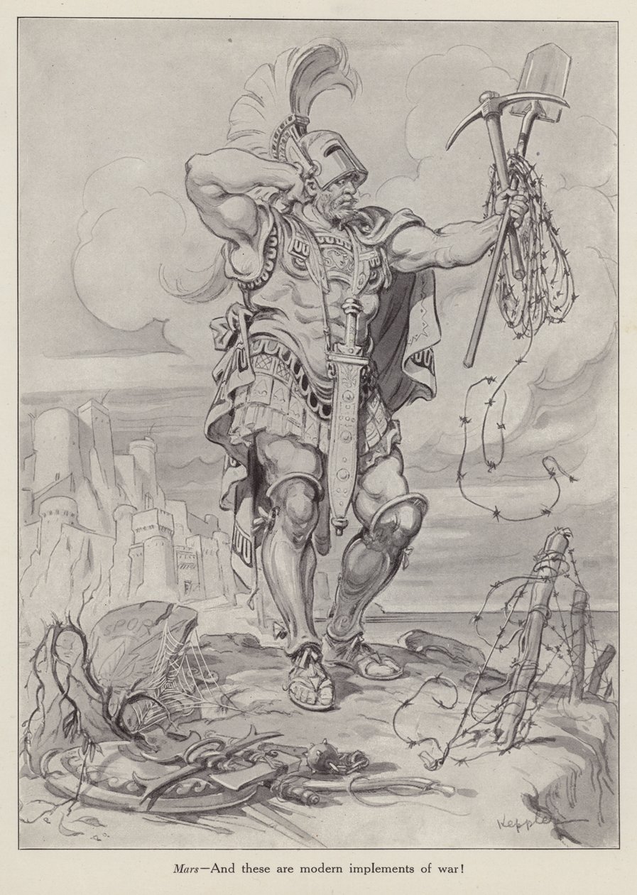 Marte, dios romano de la guerra, con palas y alambre de espino para la guerra de trincheras (litografía). de American School