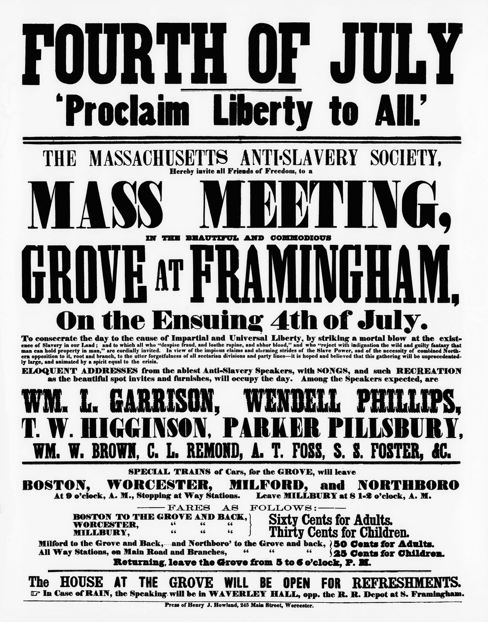 Póster de la Sociedad Antiesclavista de Massachusetts proclamando Libertad para Todos en el Día de la Independencia, 1859 de American School