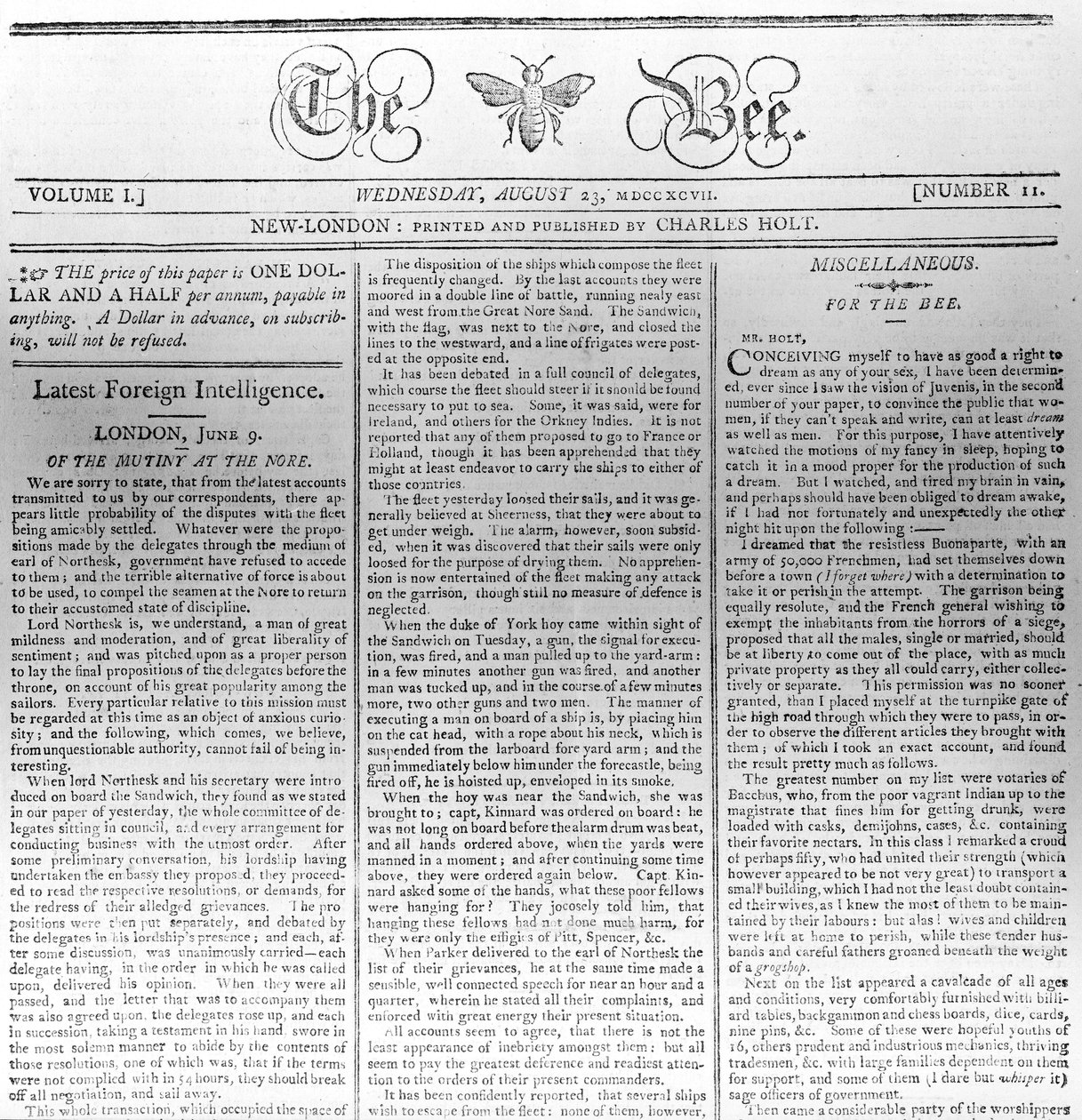 Cabecera de The Bee, impreso el 23 de agosto de 1797 de American School