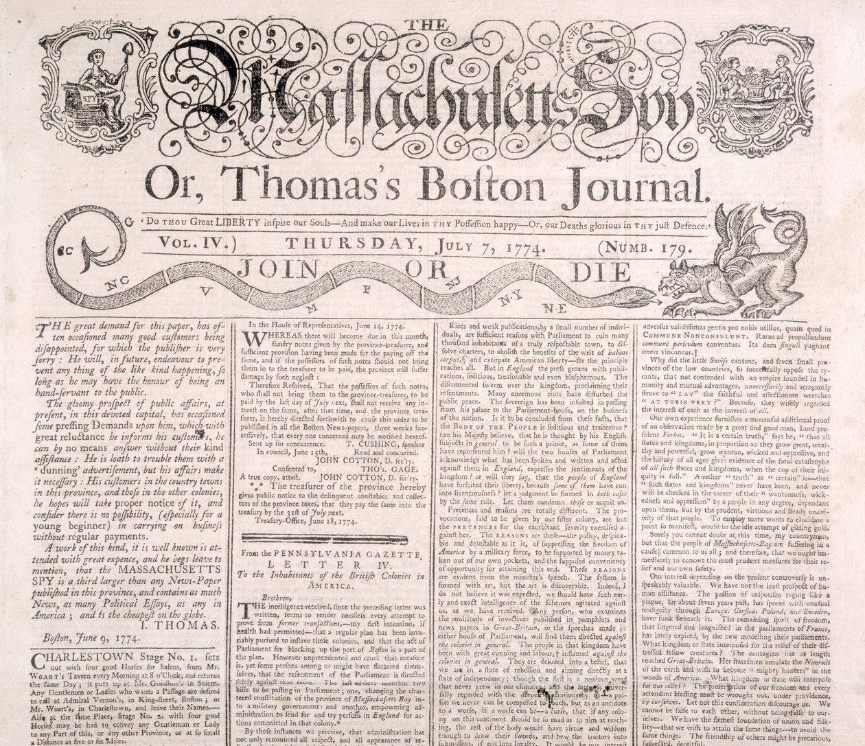 Cabecera del Massachusetts Spy 7 de julio de 1774 de American School