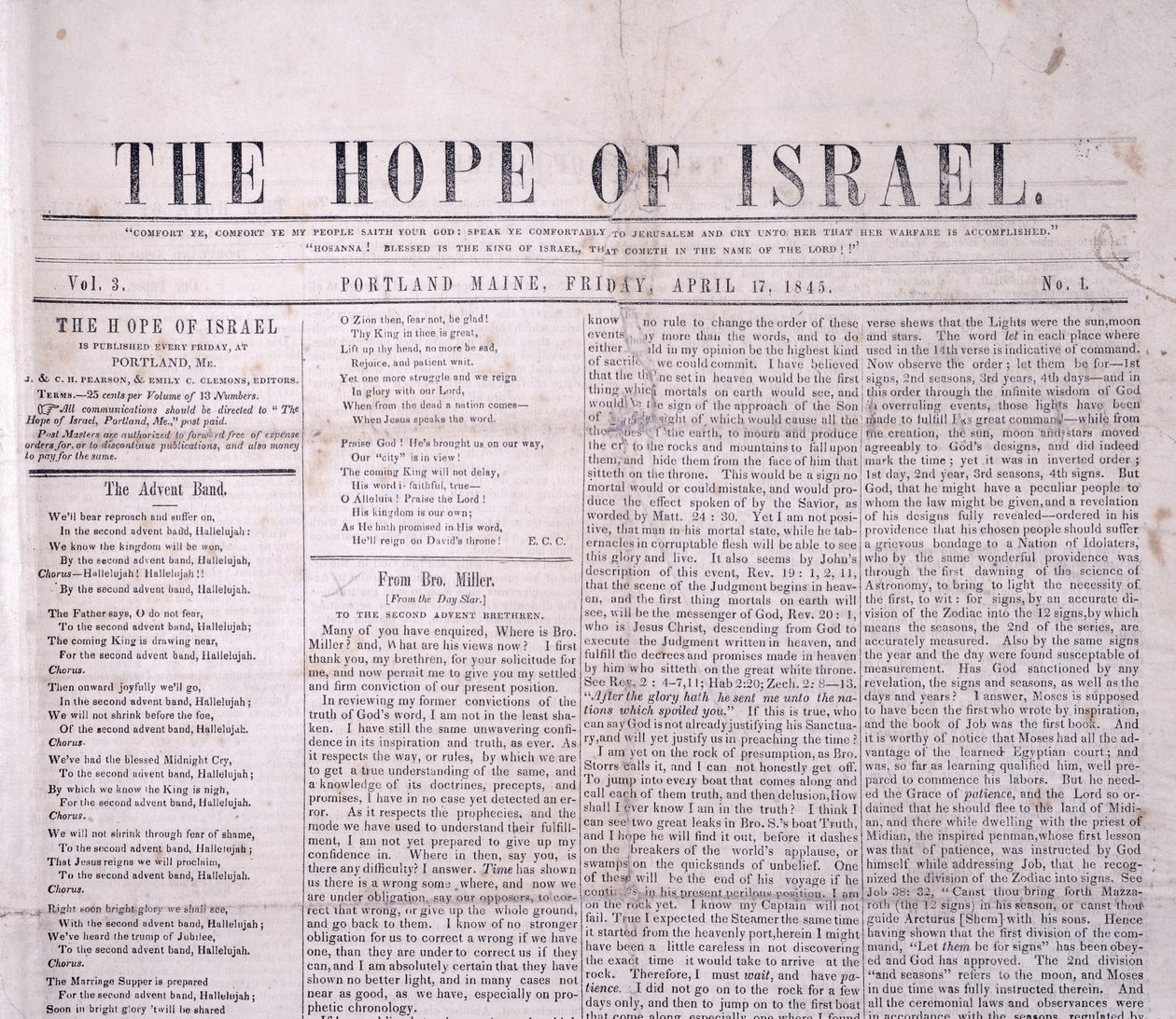 Cabecera de La Esperanza de Israel, impreso en Portland, Maine 17 de abril de 1845 de American School