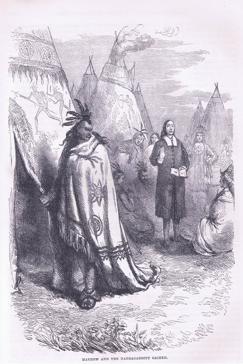 Mayhew y los Naragansett 1674, ilustración de la Historia de los Estados Unidos de Cassell publicada por Petter & Galpin c.1890 de American School