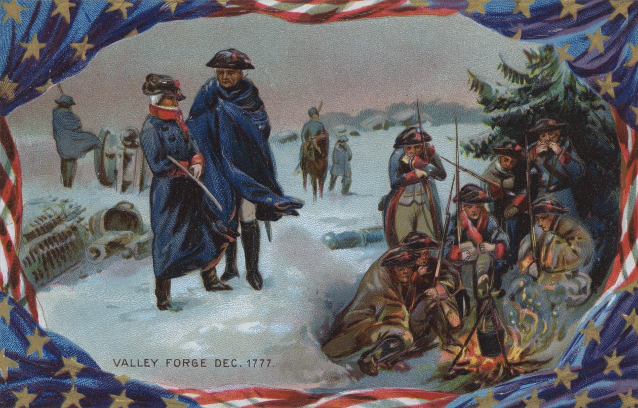 Tarjeta del Día de la Recordación, Valley Forge, diciembre de 1777 (litografía en color) de American School