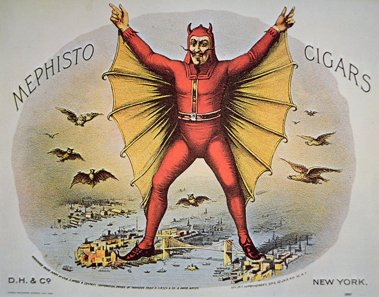 Etiqueta de cigarros Mephisto, impresa por los hijos de F. Heppenheimer, Nueva York de American School