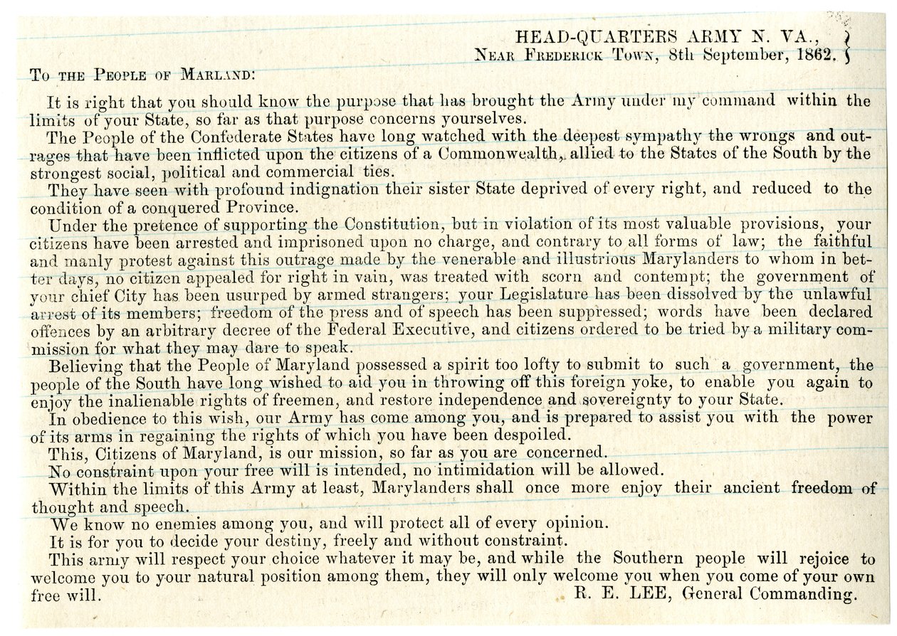 Mensaje al pueblo de Maryland para apoyar la Confederación, 8 de septiembre de 1862 de American School