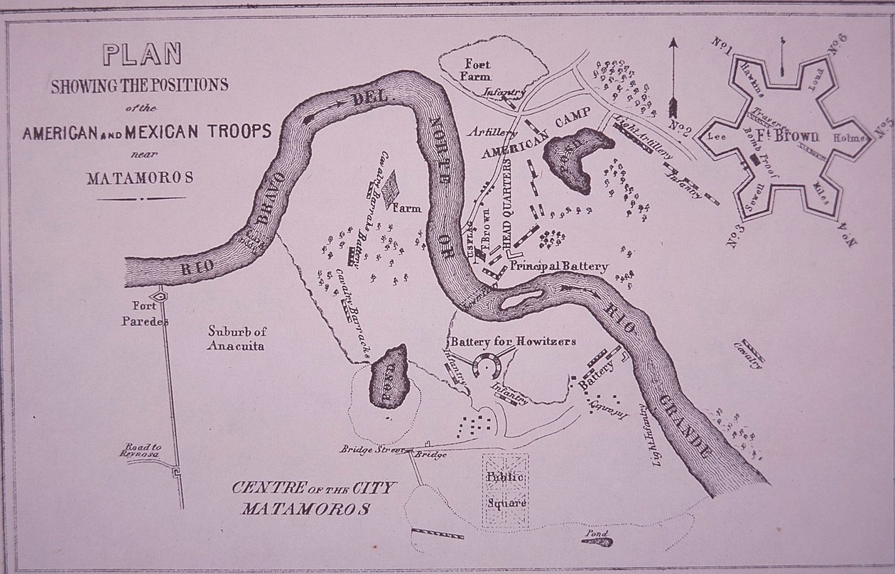 Guerra Mexicano-Estadounidense (1846-48), mapa de las tropas estadounidenses cerca del Río Grande y Matamoros de American School