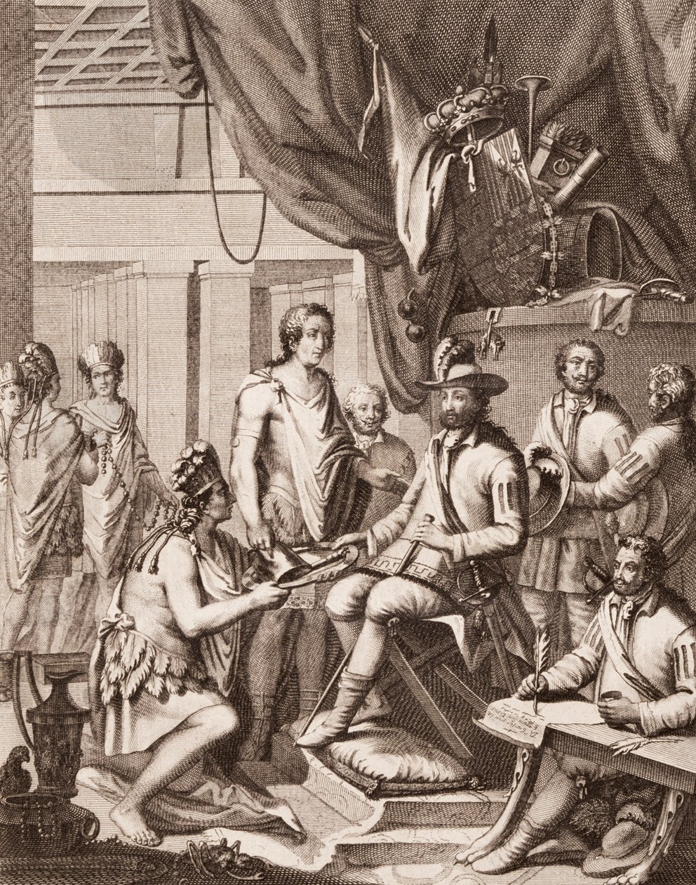 Montezuma entregando su imperio al Rey de España, dándole un tributo y prometiendo su obediencia, de la Historia de la Conquista de México de Antonio de Solís y Rivadeneira, grabado por Ximeno de American School