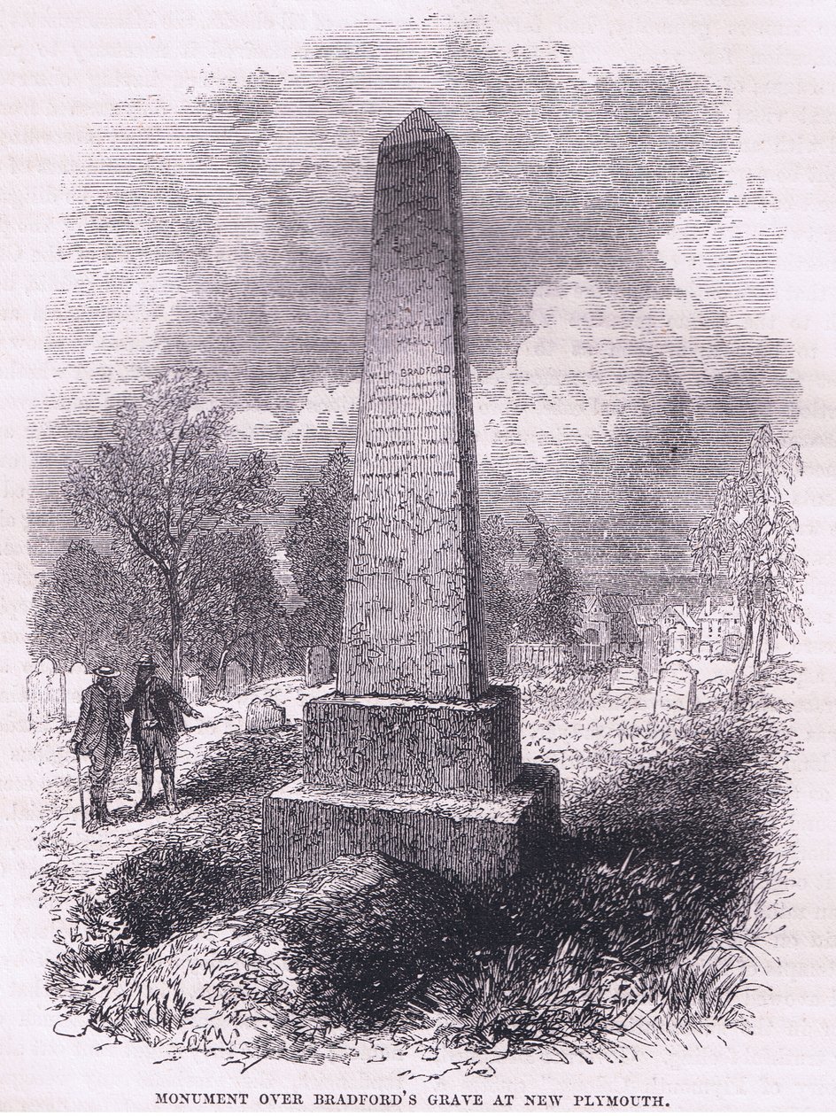 Monumento sobre la tumba de Bradford en New Plymouth 1641, ilustración de la Historia de los Estados Unidos de Cassell, publicada por Petter & Galpin c.1890 de American School