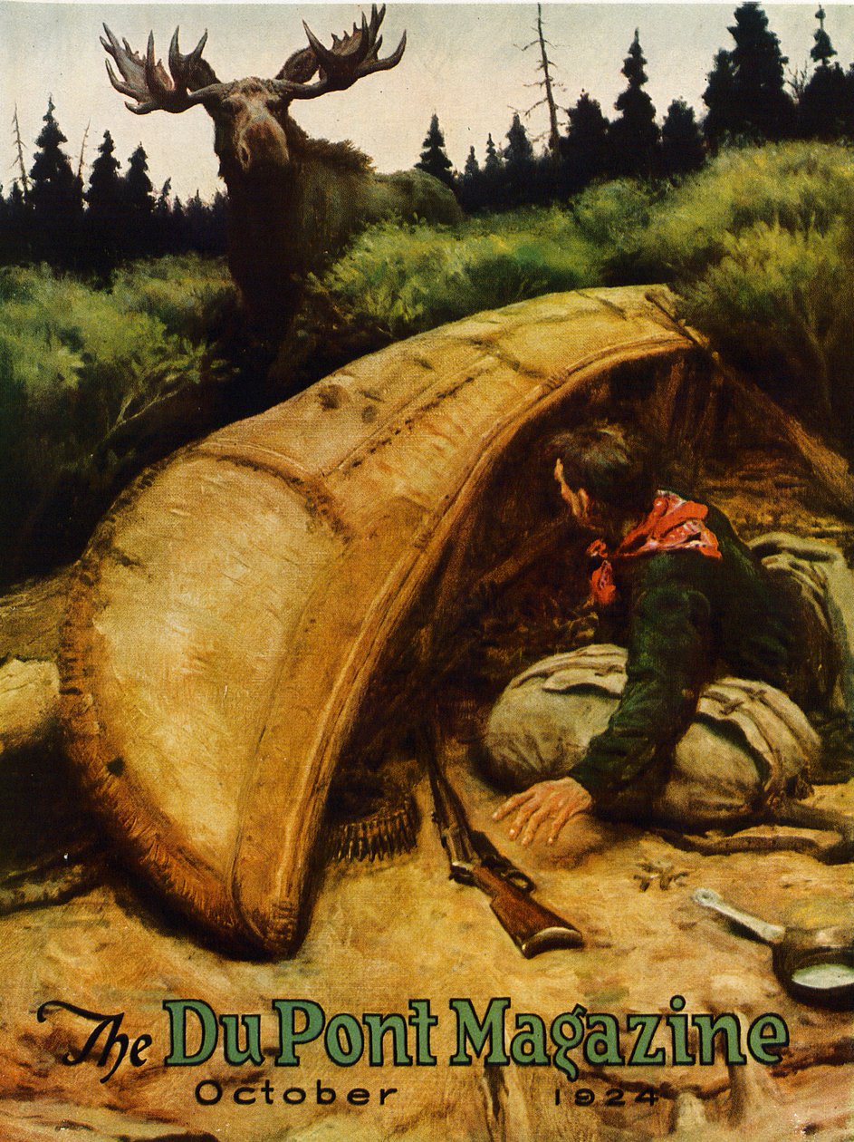 ¡Ataque de alce!, portada de la revista DuPont, octubre 1924 de American School