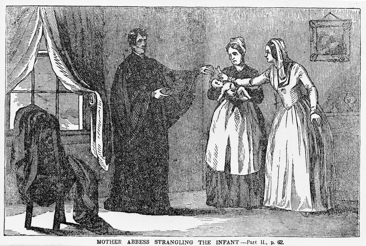 La madre abadesa estrangulando al infante, ilustración de un panfleto anticatólico de American School