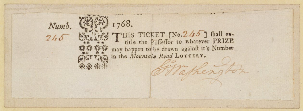 Boleto de Lotería de Mountain Road, firmado por George Washington, 1768 de American School