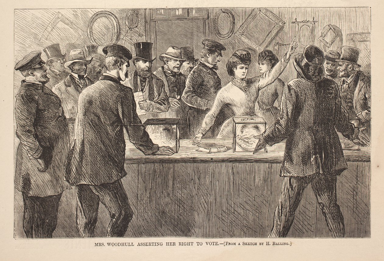 La Sra. Woodhull afirmando su derecho a votar, grabado de Harper