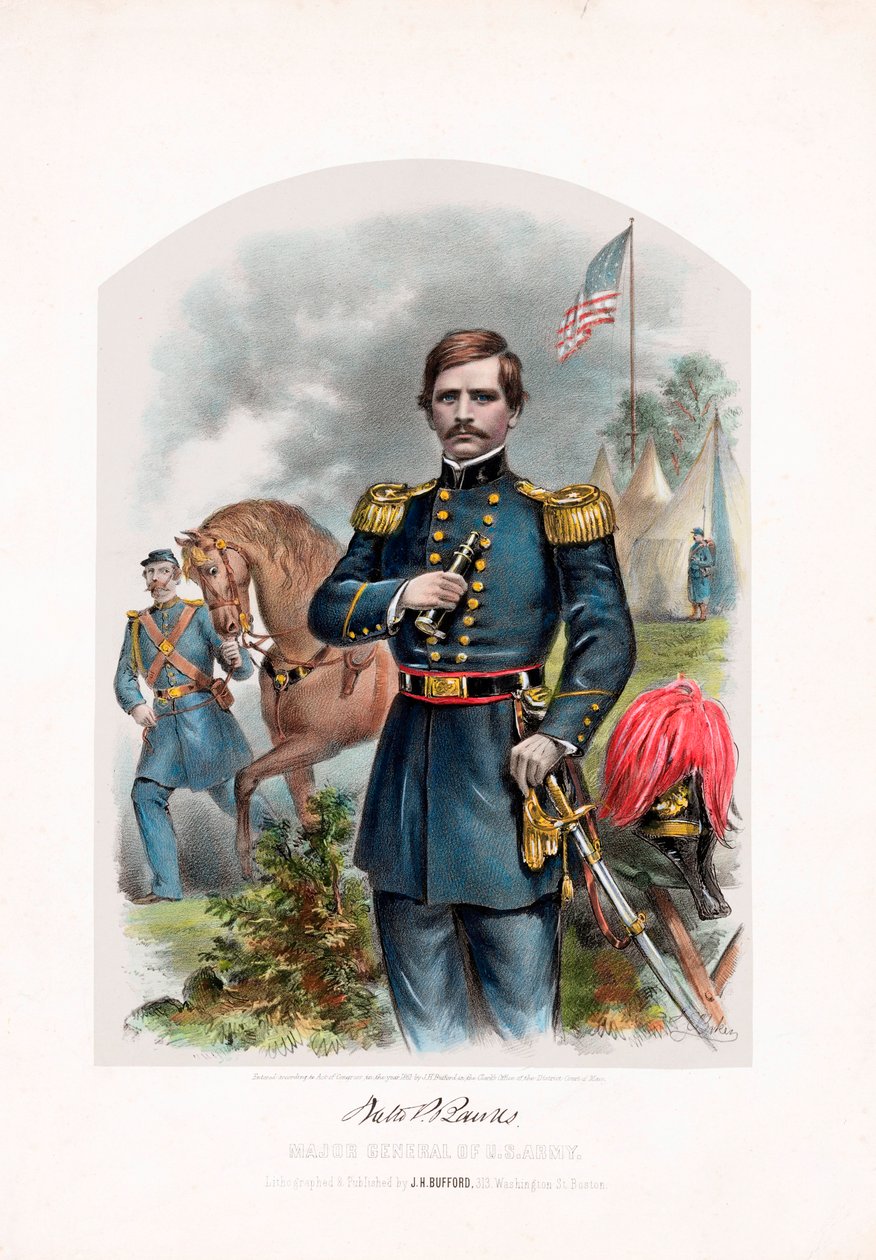 Nathaniel P. Banks, Mayor General del Ejército de EE.UU., pub. 1861 litografía en color de American School