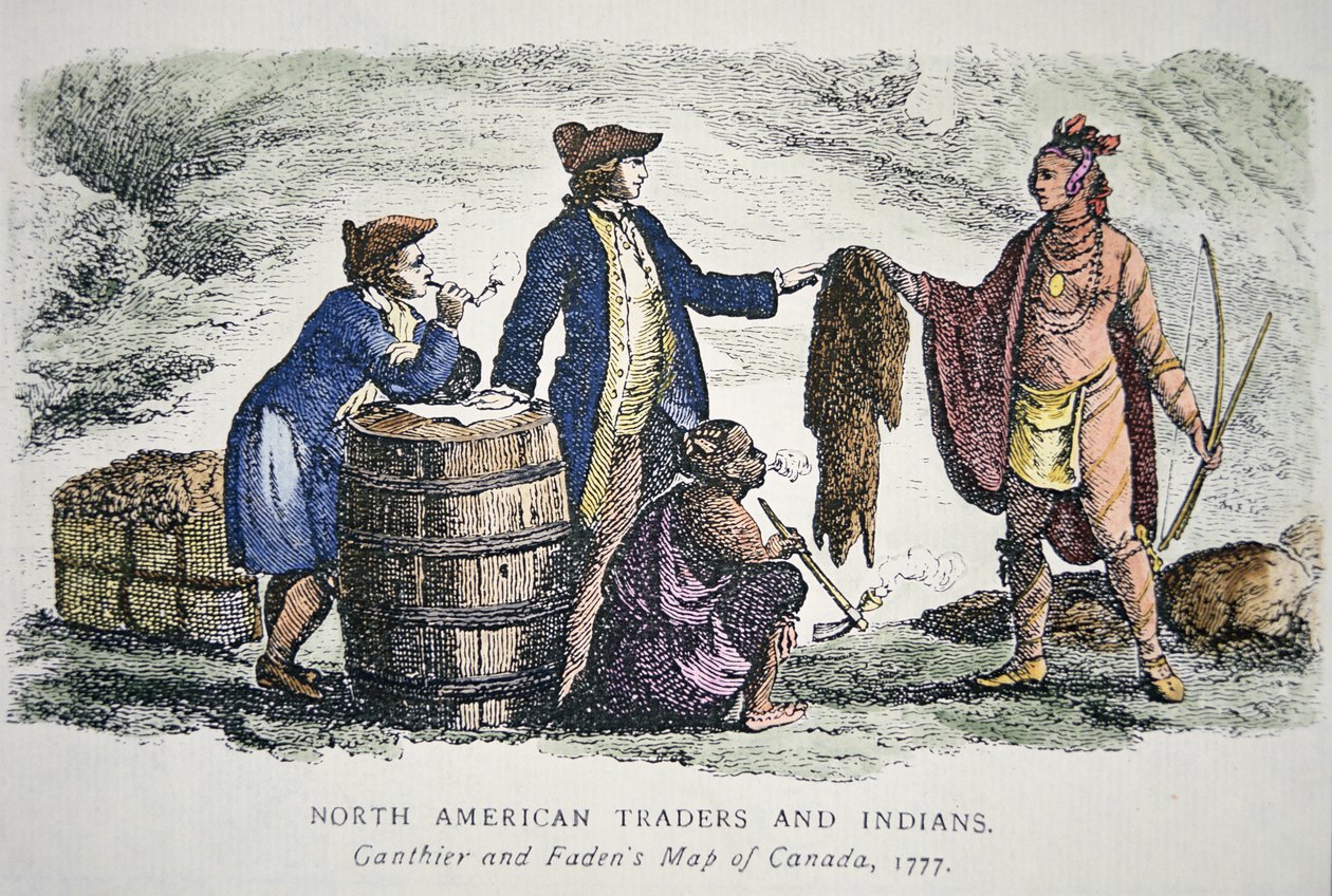 Nativos Americanos comerciando pieles de American School