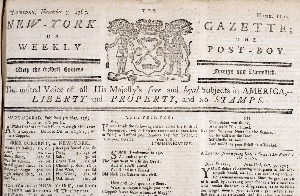 Cabecera del New York Gazette declarando su oposición a los sellos, impreso el 7 de noviembre de 1765 de American School