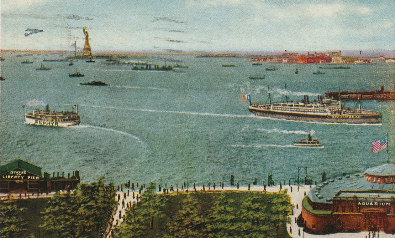 Puerto de Nueva York desde Battery, mostrando la Estatua de la Libertad y Ellis Island de American School