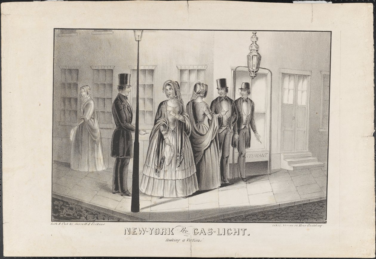 Nueva York a la luz de gas, Enganchando a una víctima, c.1850 de American School