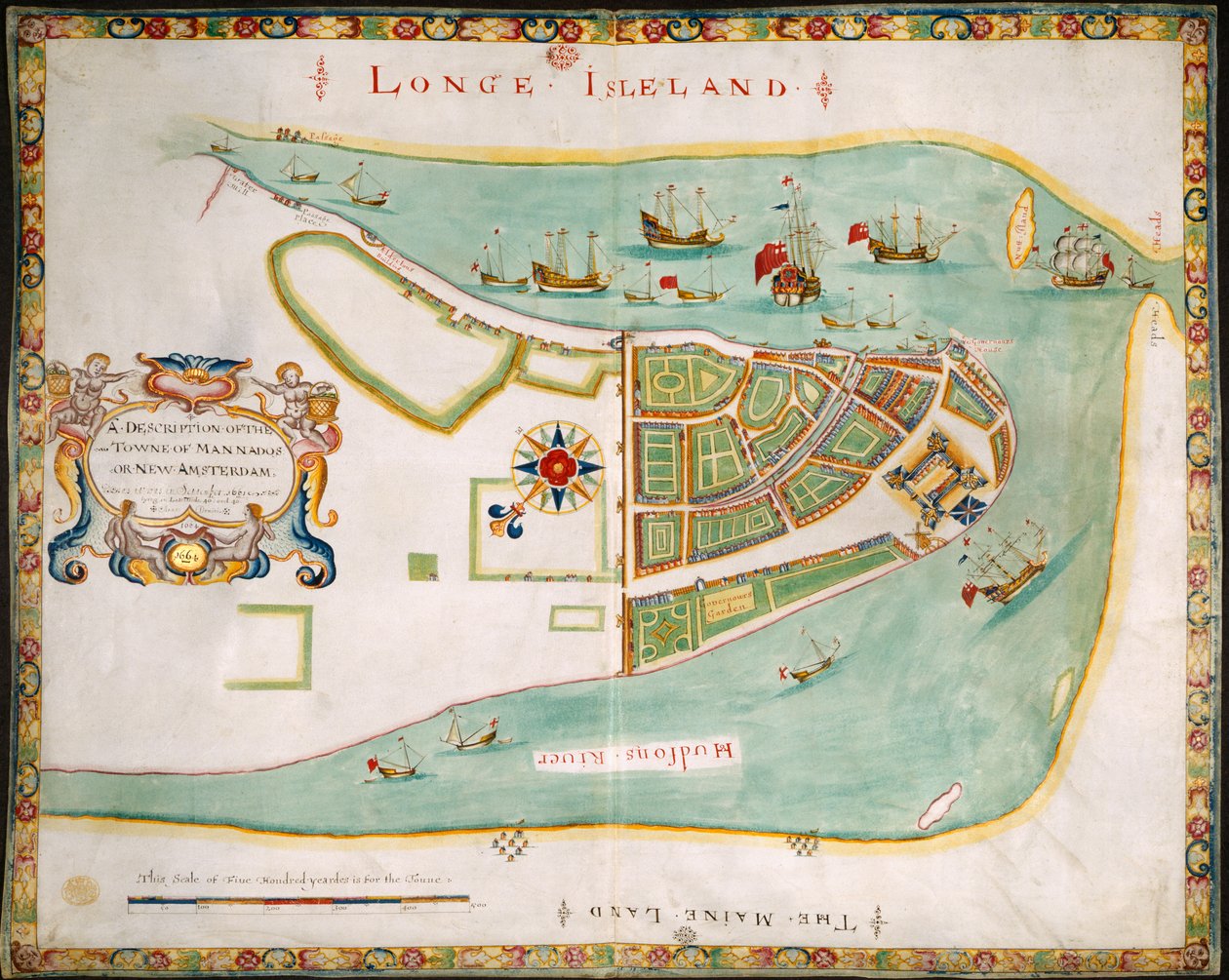 Nueva York: plano de Manhattan, Long Island, el río Hudson y New Amsterdam de American School