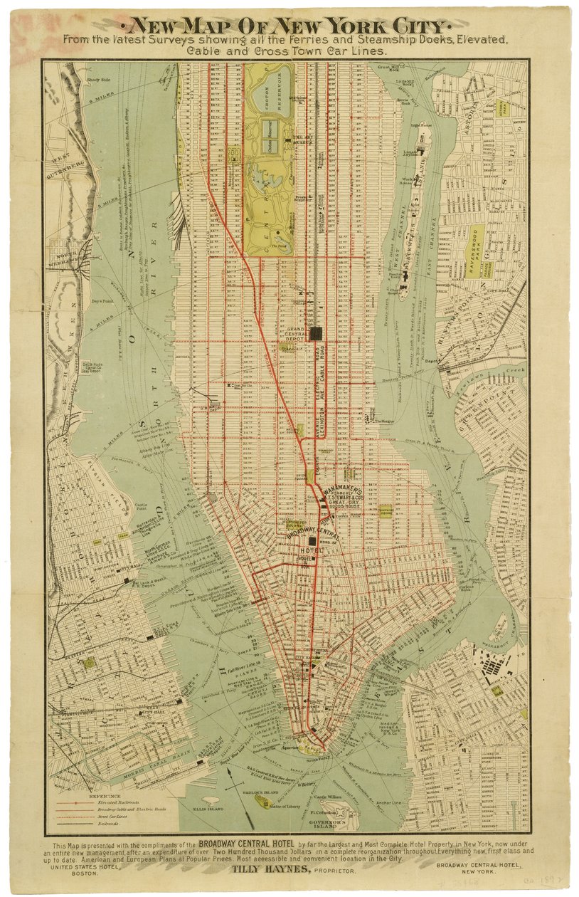 Nuevo mapa de la Ciudad de Nueva York de los últimos estudios mostrando todos los transbordadores y muelles de barcos de vapor, líneas elevadas, subterráneas y de tranvías eléctricos de American School