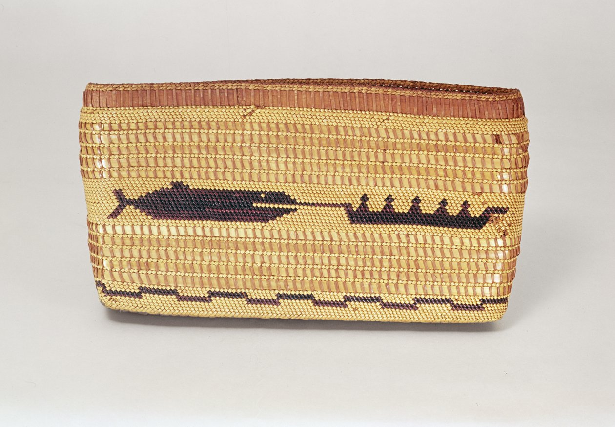 Cesta Nootka que representa una escena de caza de ballenas, de la Costa Noroeste de American School