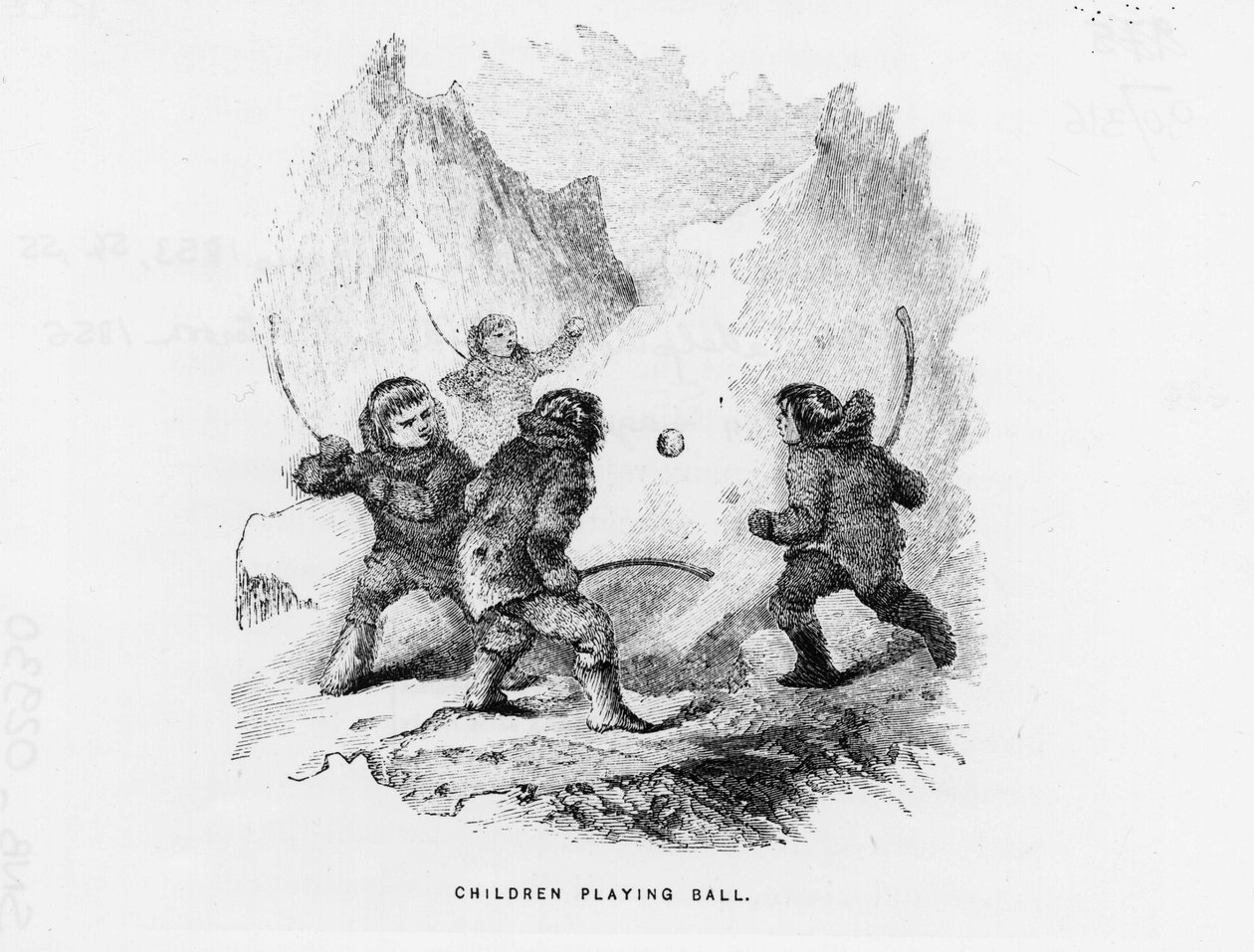 Polo norte: niños jugando un juego de pelota en el hielo - Elisha Kent Kane; Exploraciones Árticas en los años 1853-1855 (Filadelfia, Childs y Peterson) de American School