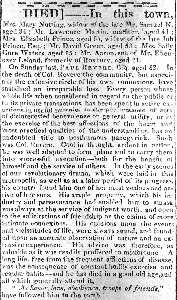 Página de obituarios del Boston Intelligencer, 16 de mayo de 1818 de American School