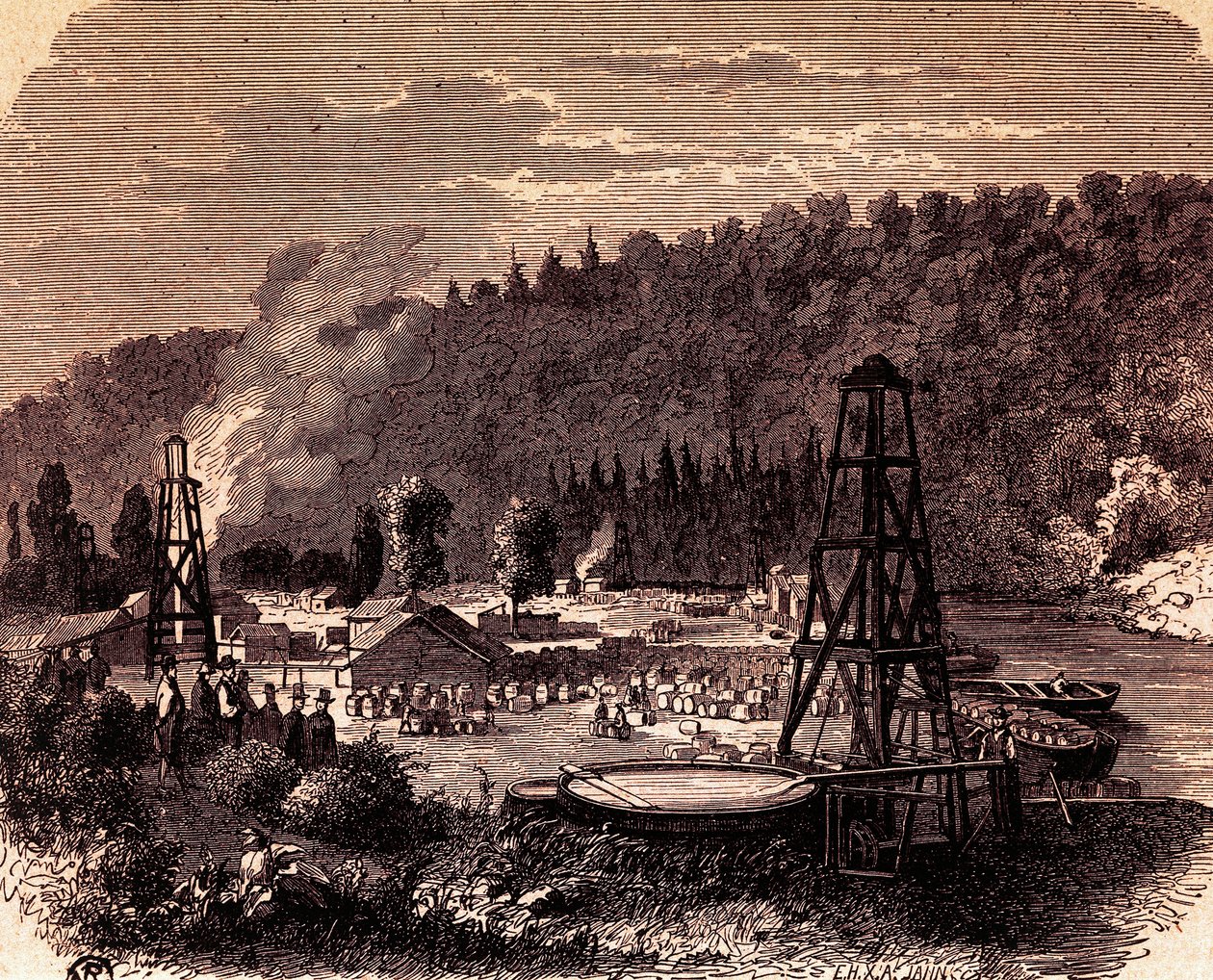 Campos petrolíferos en Titusville, Pensilvania, con el primer pozo de perforación inventado por Edwin Laurentine Drake en 1859, grabado, EE.UU. de American School